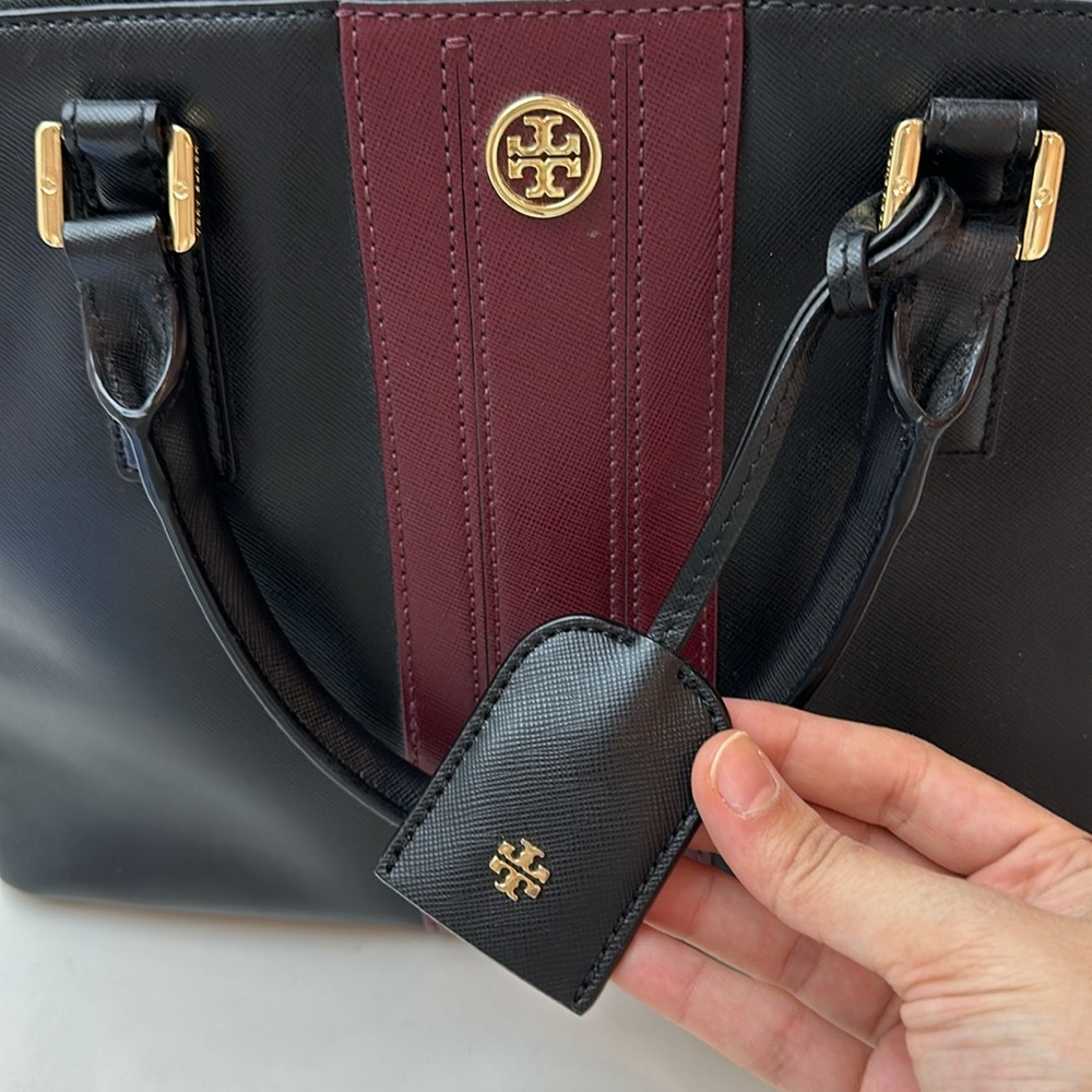 Preloved Tory Burch Black/Burgundy Leather Robinson Double Zip Tote